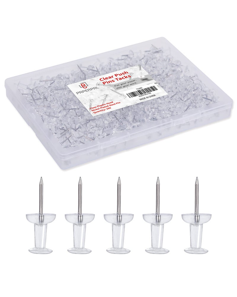 PAPERPAL 280 Clear Push Pins for Cork Board, Clear Thumb Tacks for Wall Hangings, Pushpins for Office School & Personal Use, Standard Size Push Pin Tacks (Clear, Plastic Head) - Image 1